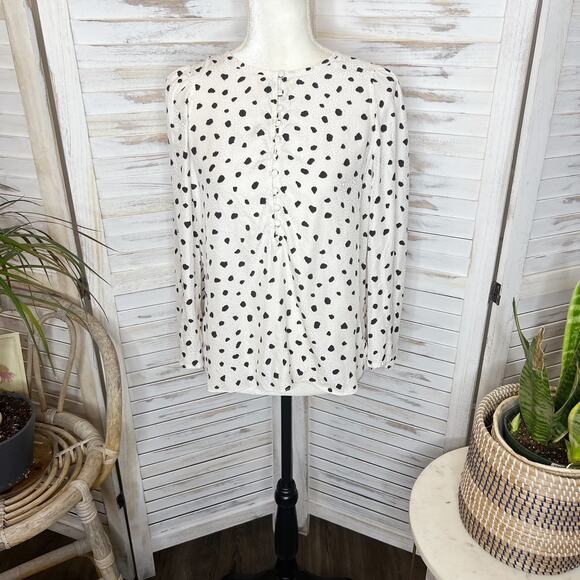 REBECCA TAYLOR 6 Spotted Animal Print Silk Top Button Placket Bell Sleeve White - Picture 13 of 14